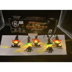 Vtg General Electric GE Flying Witch Fiber Optic Brooms Halloween 10 Lights Set